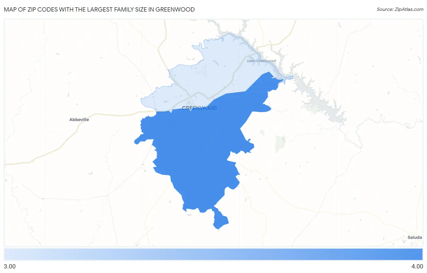 Zip Codes with the Largest Family Size in Greenwood Map