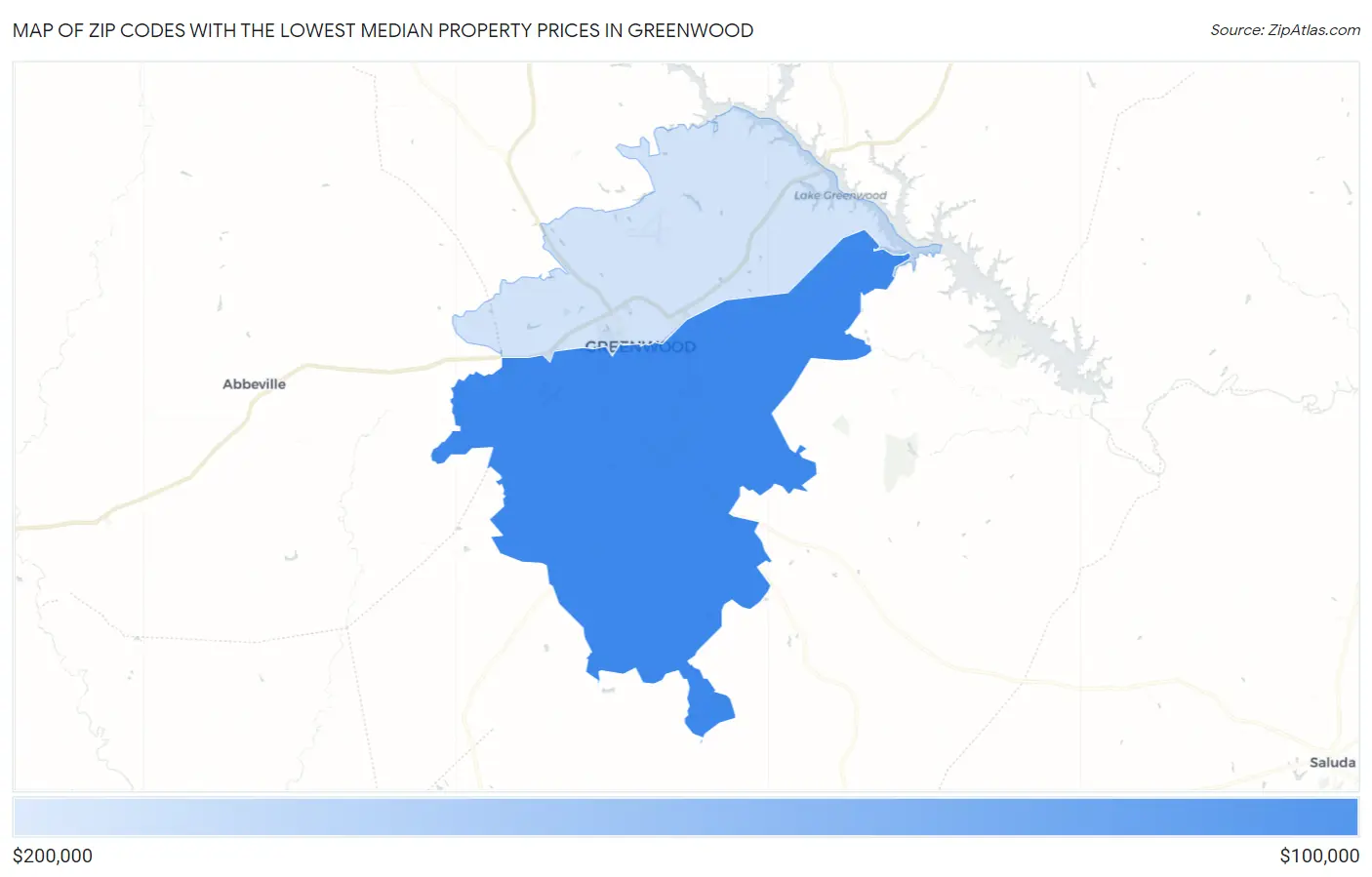 Zip Codes with the Lowest Median Property Prices in Greenwood Map