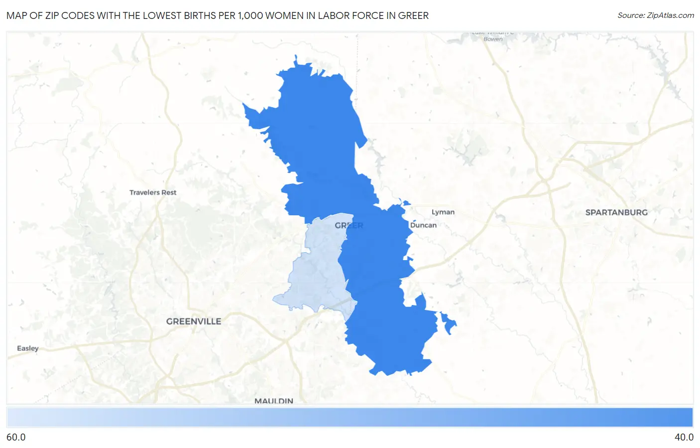 Zip Codes with the Lowest Births per 1,000 Women in Labor Force in Greer Map