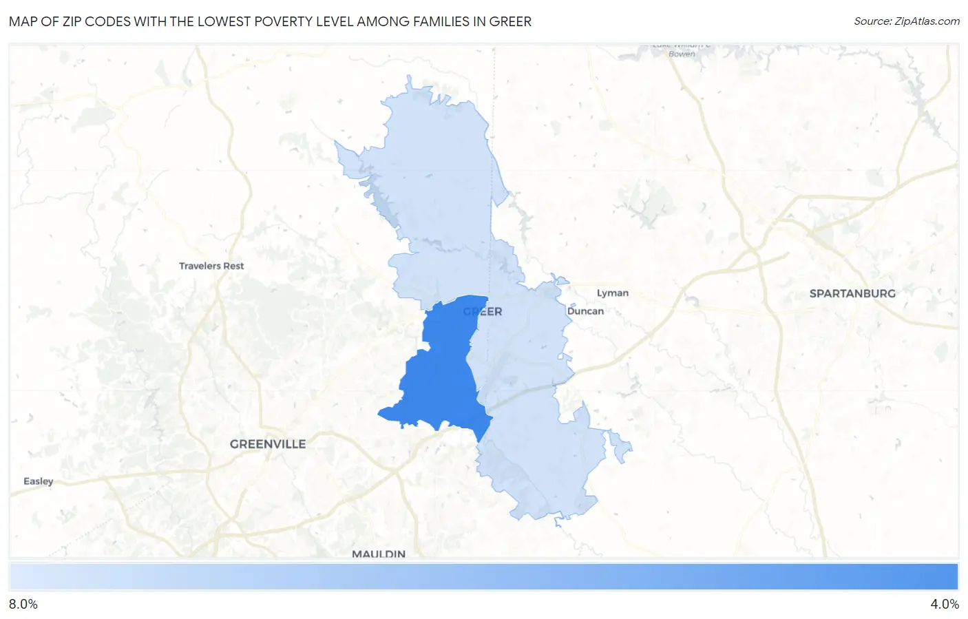 Zip Codes with the Lowest Poverty Level Among Families in Greer Map