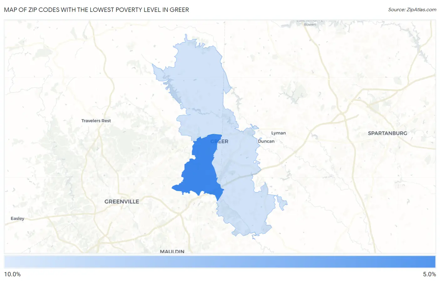 Zip Codes with the Lowest Poverty Level in Greer Map