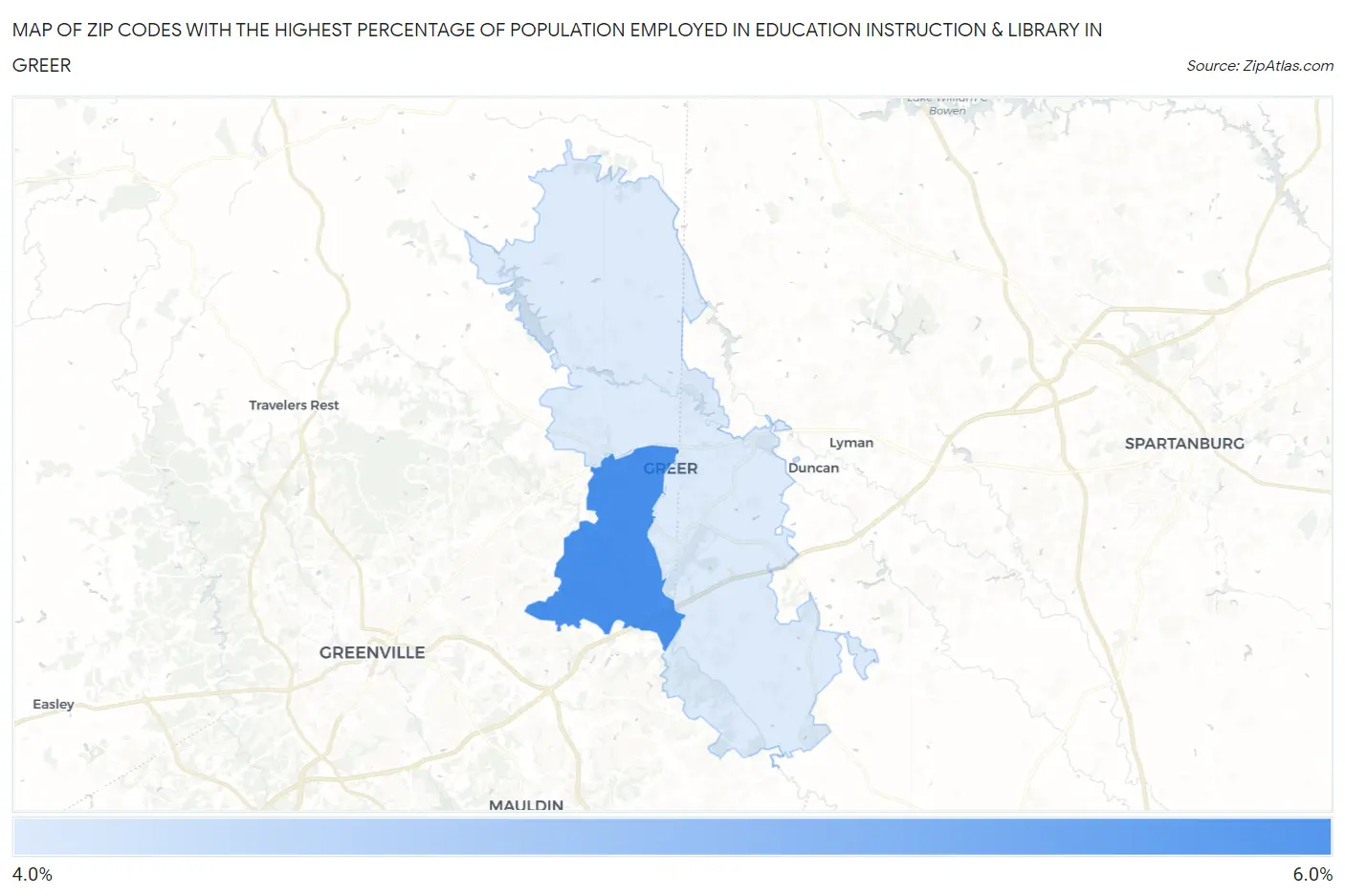 Zip Codes with the Highest Percentage of Population Employed in Education Instruction & Library in Greer Map