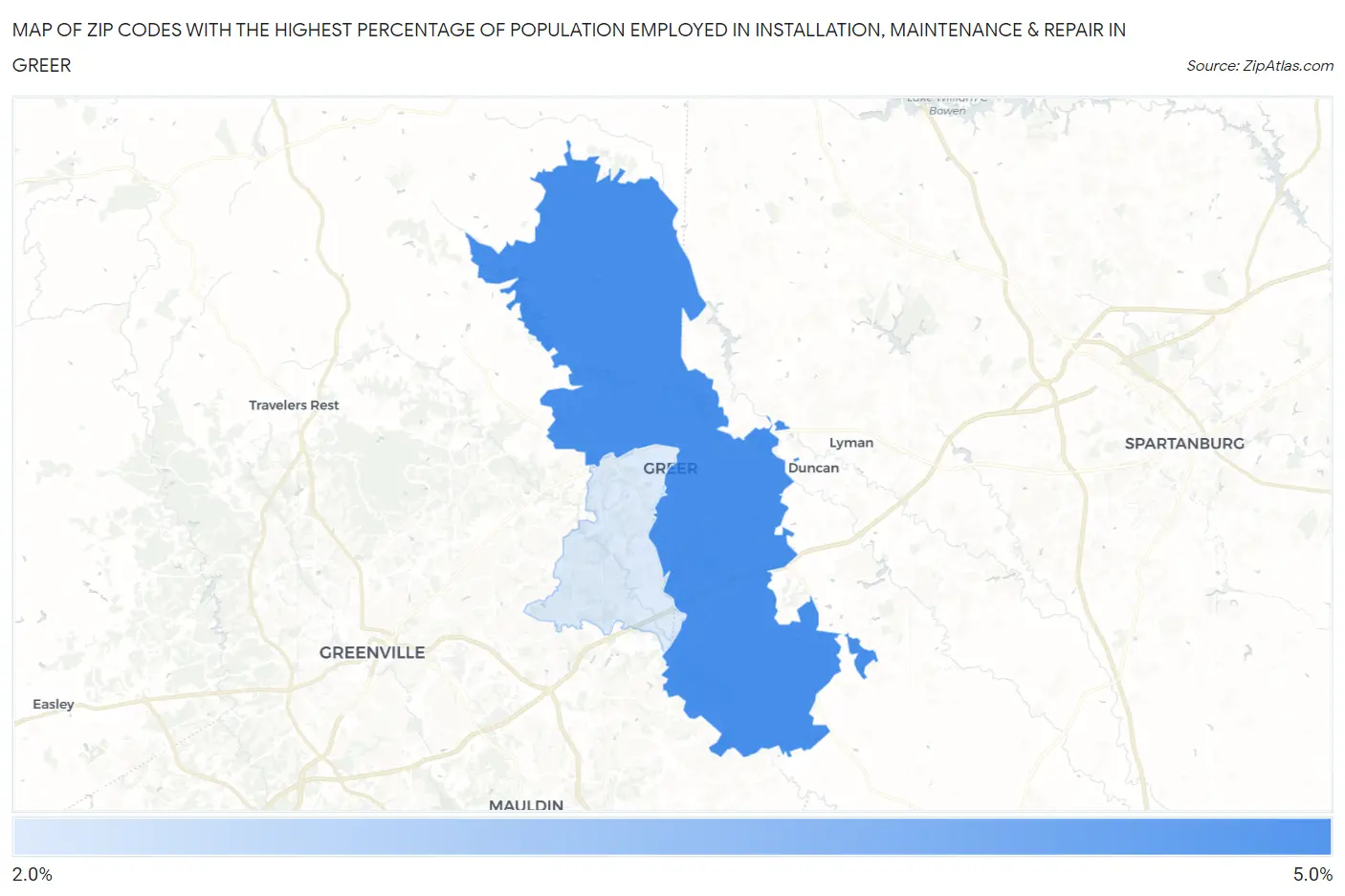Zip Codes with the Highest Percentage of Population Employed in Installation, Maintenance & Repair in Greer Map