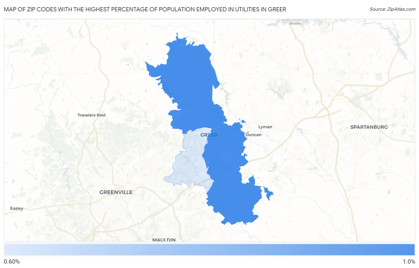Zip Codes with the Highest Percentage of Population Employed in Utilities in Greer Map