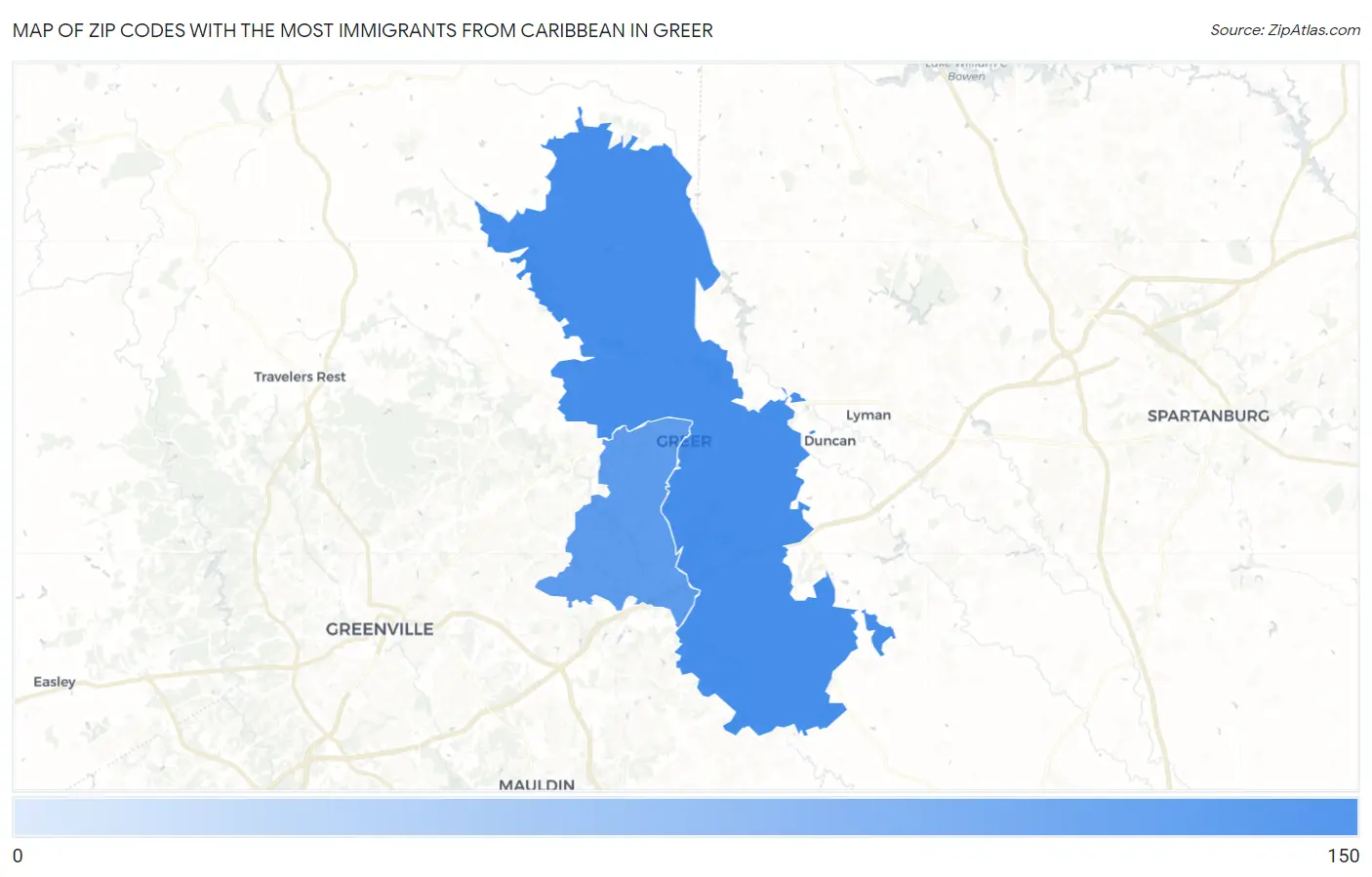 Zip Codes with the Most Immigrants from Caribbean in Greer Map