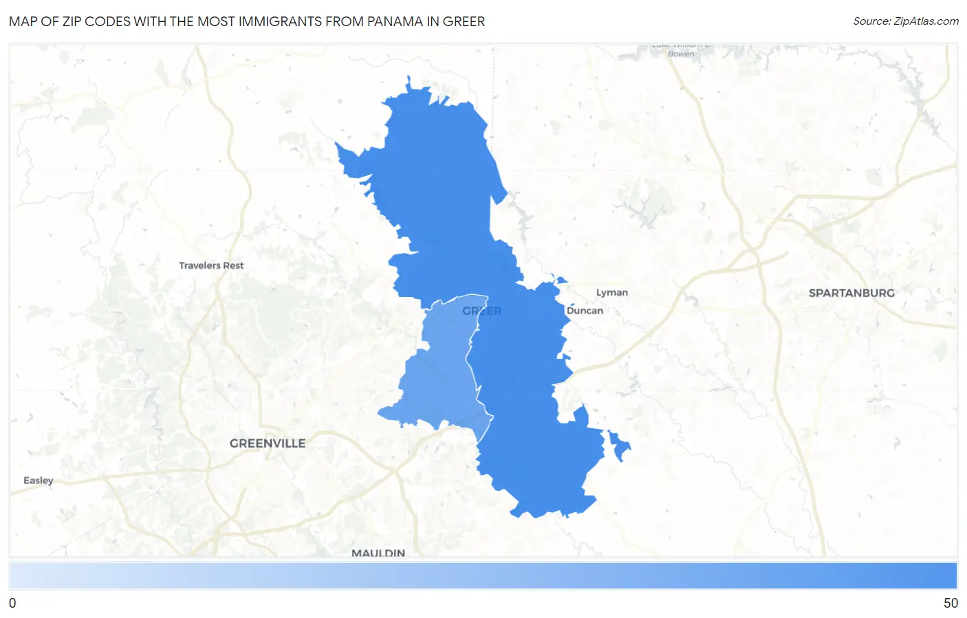 Zip Codes with the Most Immigrants from Panama in Greer Map