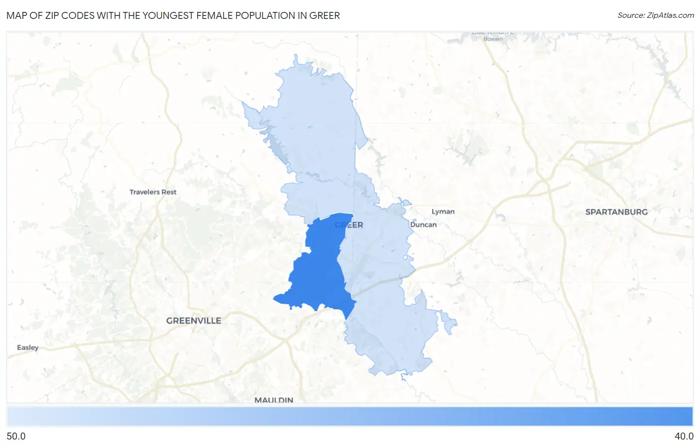 Zip Codes with the Youngest Female Population in Greer Map