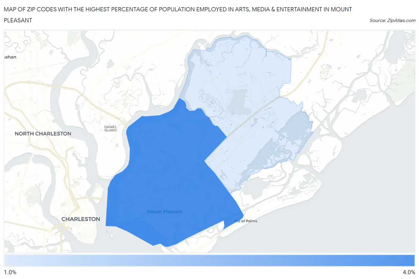 Zip Codes with the Highest Percentage of Population Employed in Arts, Media & Entertainment in Mount Pleasant Map