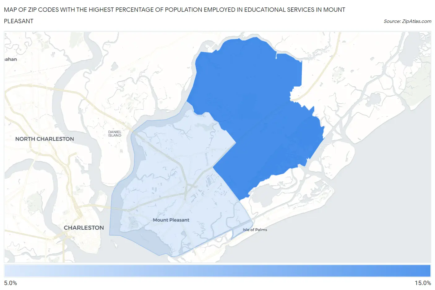 Zip Codes with the Highest Percentage of Population Employed in Educational Services in Mount Pleasant Map
