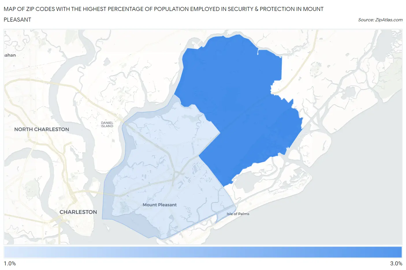 Zip Codes with the Highest Percentage of Population Employed in Security & Protection in Mount Pleasant Map