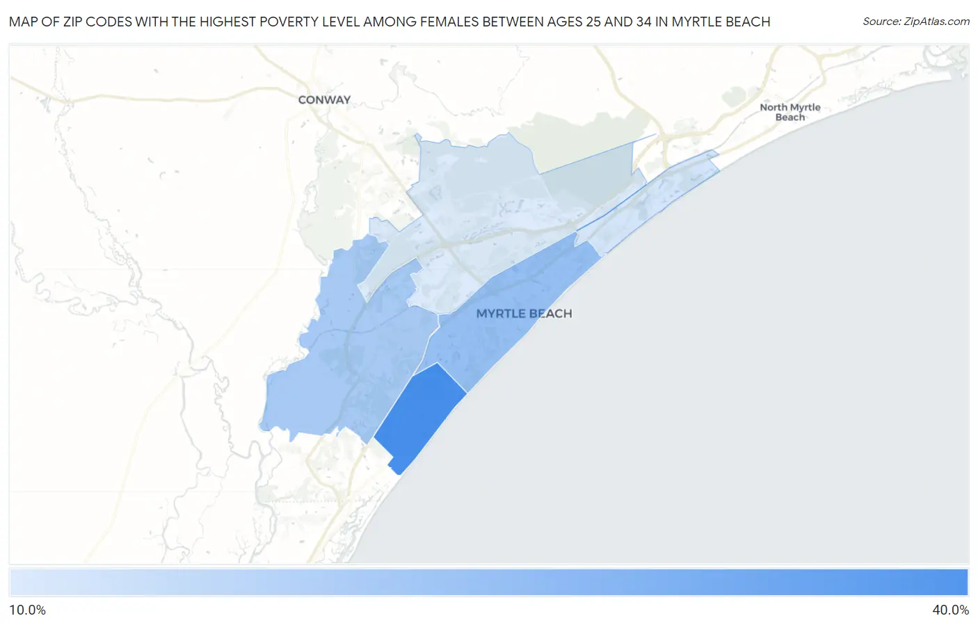 Zip Codes with the Highest Poverty Level Among Females Between Ages 25 and 34 in Myrtle Beach Map
