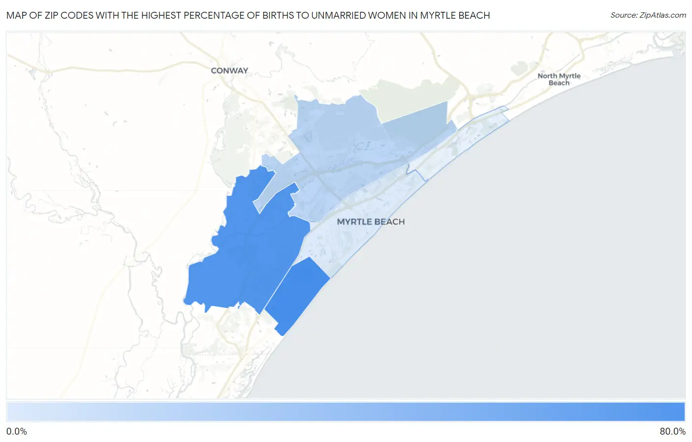 Zip Codes with the Highest Percentage of Births to Unmarried Women in Myrtle Beach Map