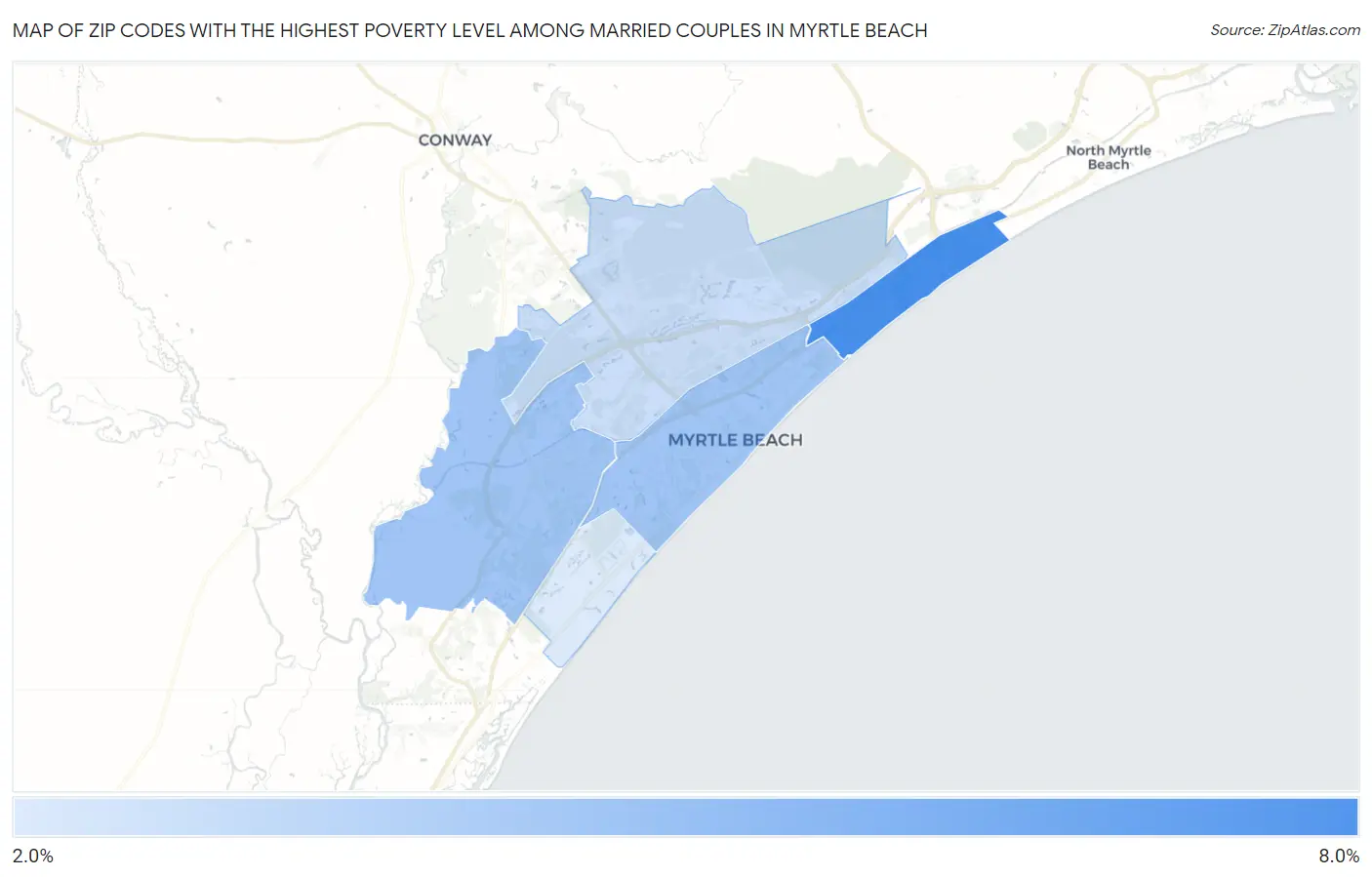 Zip Codes with the Highest Poverty Level Among Married Couples in Myrtle Beach Map