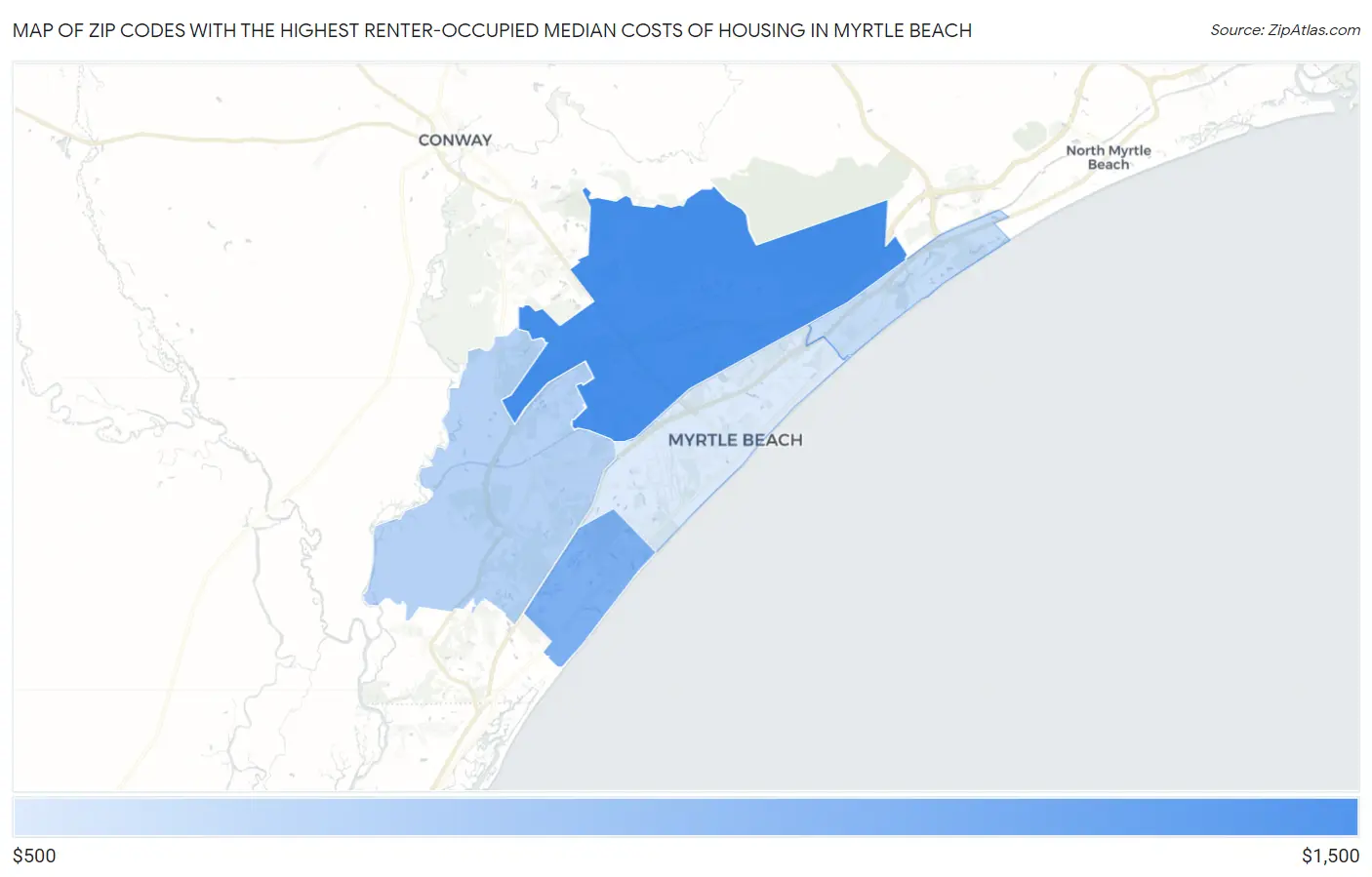 Zip Codes with the Highest Renter-Occupied Median Costs of Housing in Myrtle Beach Map