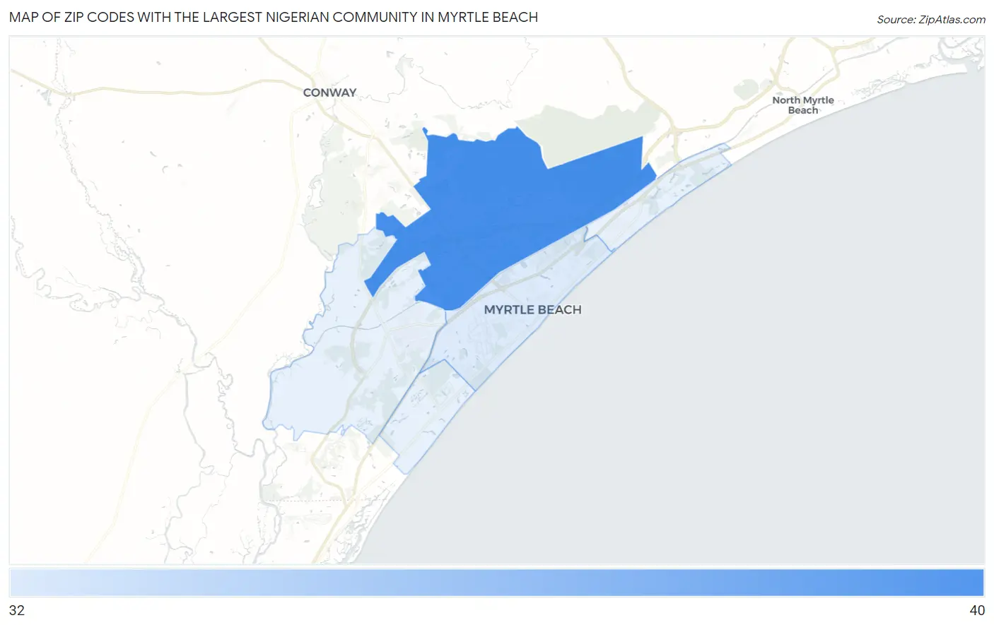 Zip Codes with the Largest Nigerian Community in Myrtle Beach Map