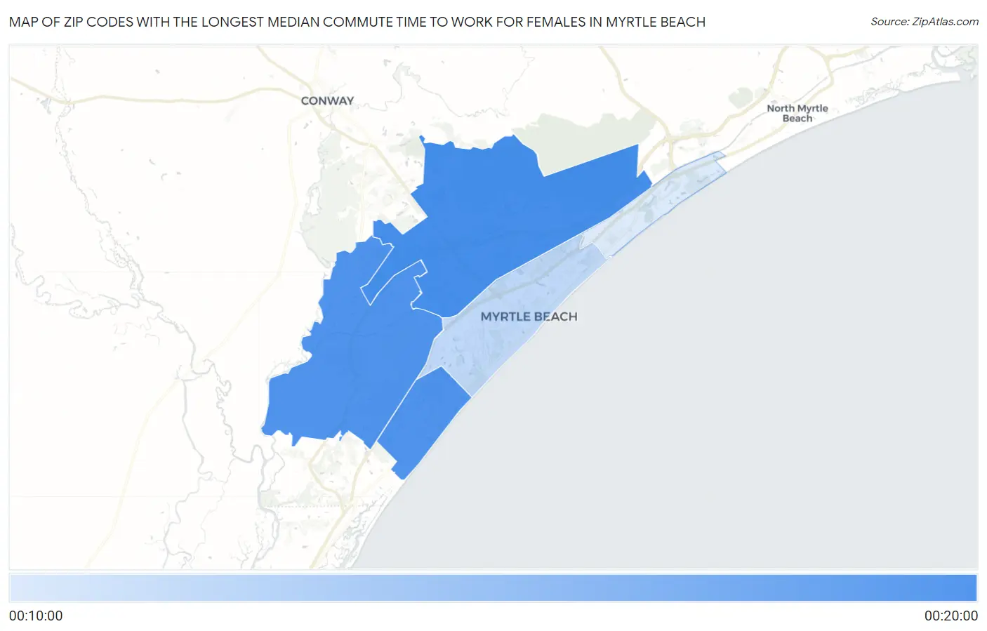 Zip Codes with the Longest Median Commute Time to Work for Females in Myrtle Beach Map