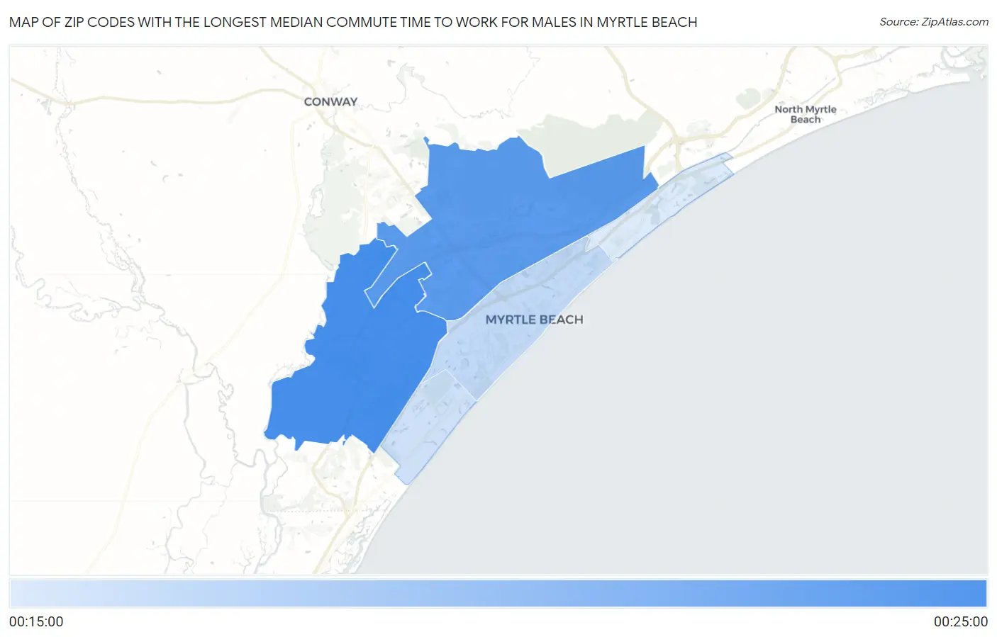 Zip Codes with the Longest Median Commute Time to Work for Males in Myrtle Beach Map