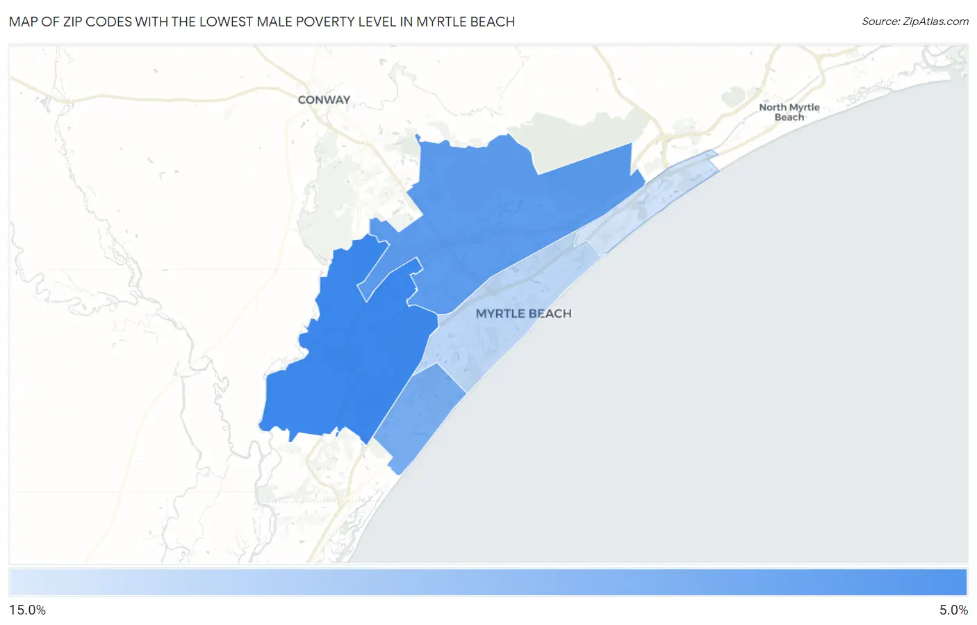 Zip Codes with the Lowest Male Poverty Level in Myrtle Beach Map