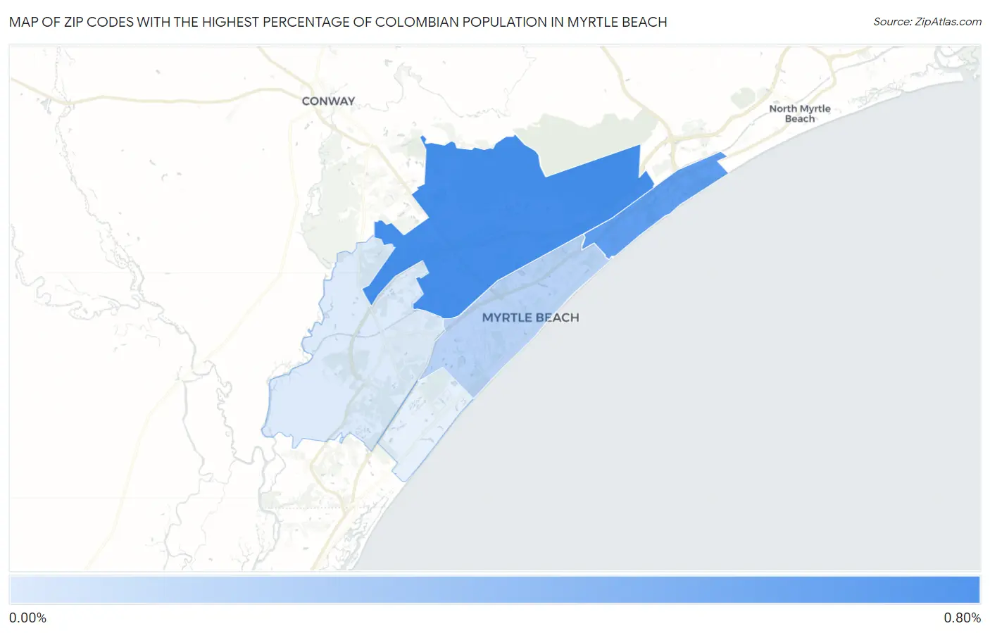 Zip Codes with the Highest Percentage of Colombian Population in Myrtle Beach Map