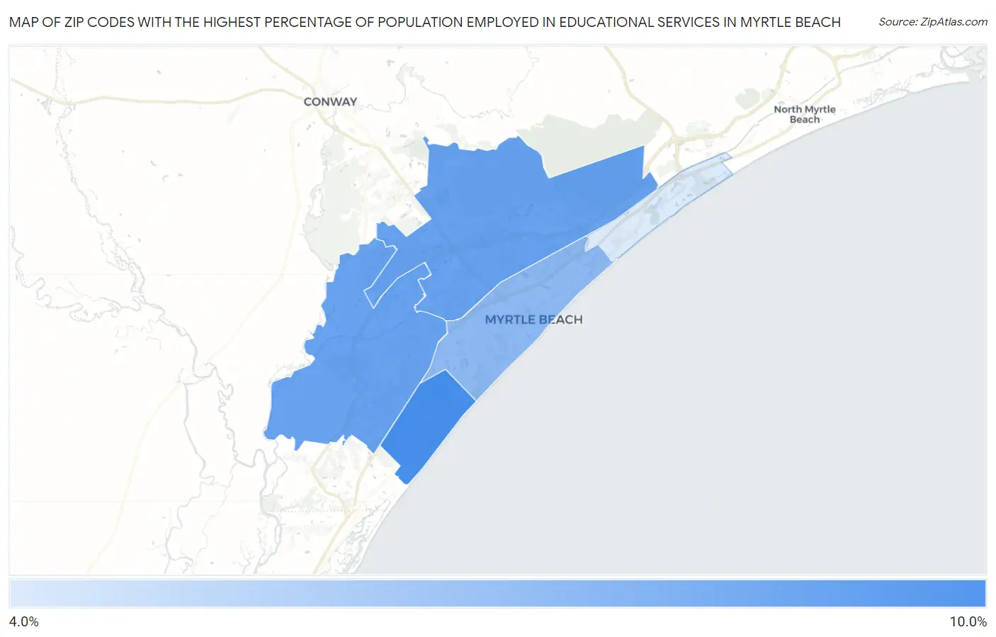 Zip Codes with the Highest Percentage of Population Employed in Educational Services in Myrtle Beach Map