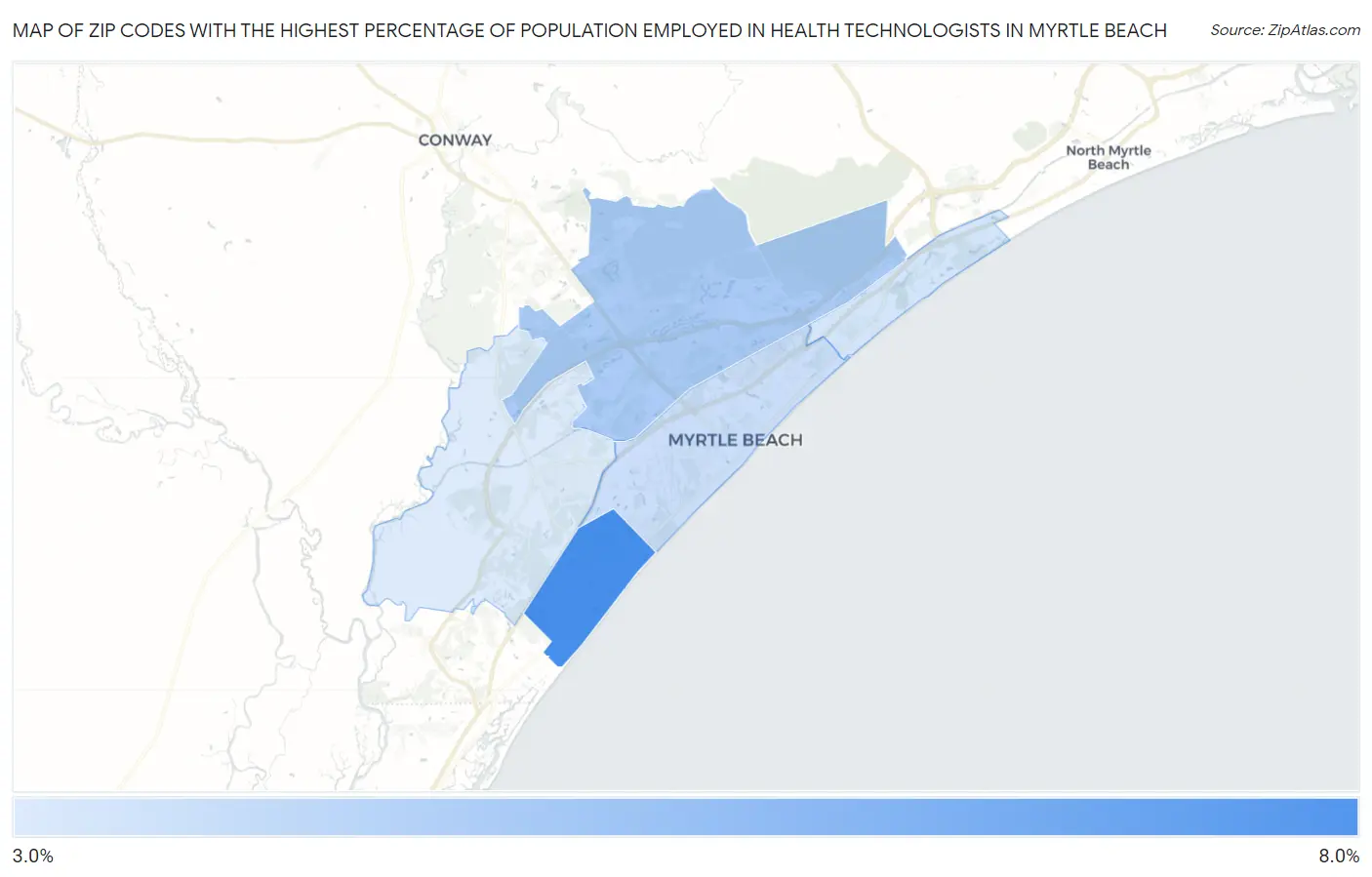 Zip Codes with the Highest Percentage of Population Employed in Health Technologists in Myrtle Beach Map