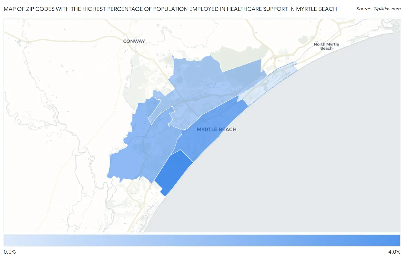Zip Codes with the Highest Percentage of Population Employed in Healthcare Support in Myrtle Beach Map
