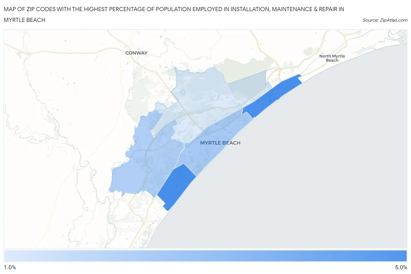 Zip Codes with the Highest Percentage of Population Employed in Installation, Maintenance & Repair in Myrtle Beach Map