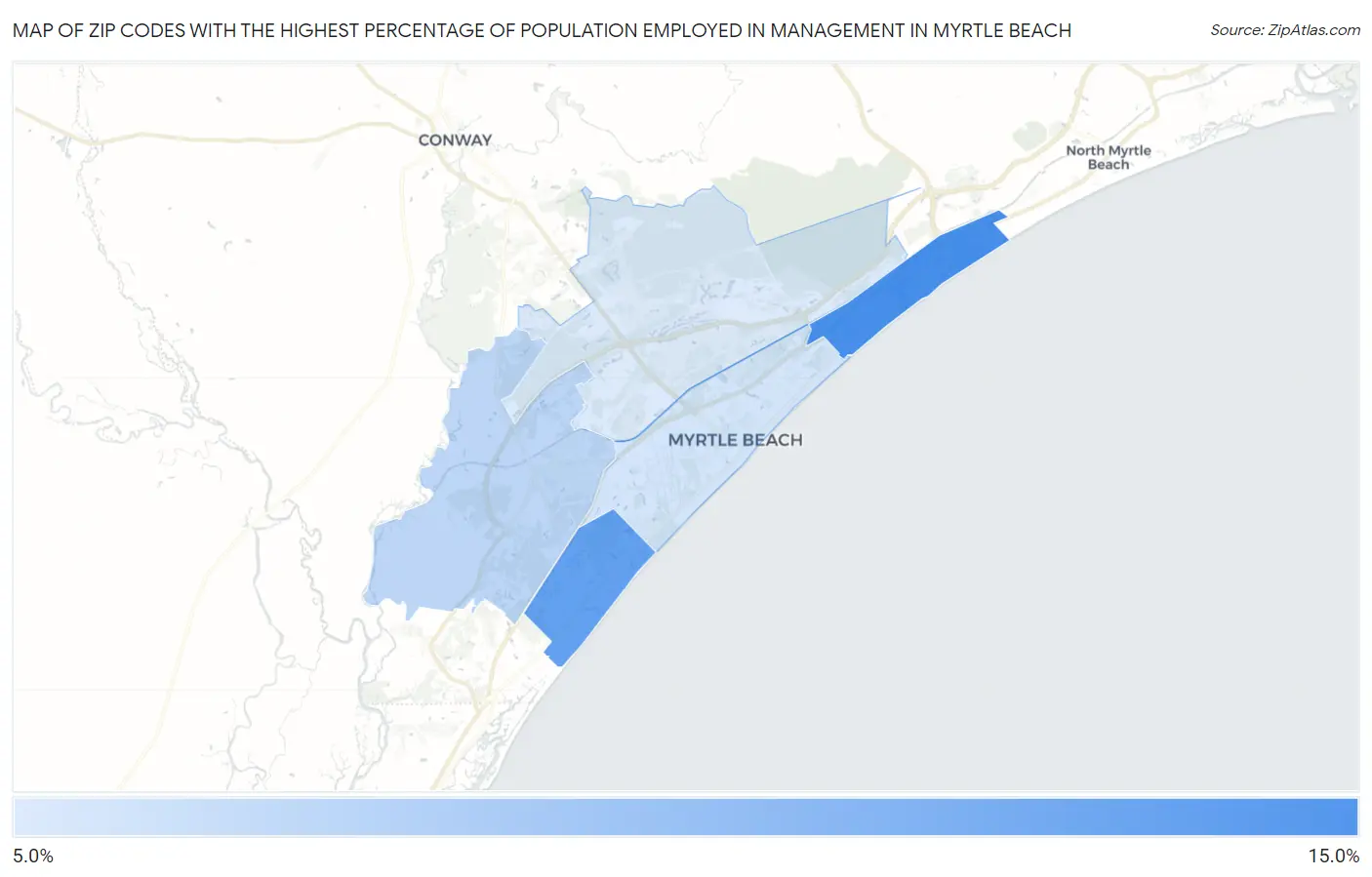 Zip Codes with the Highest Percentage of Population Employed in Management in Myrtle Beach Map