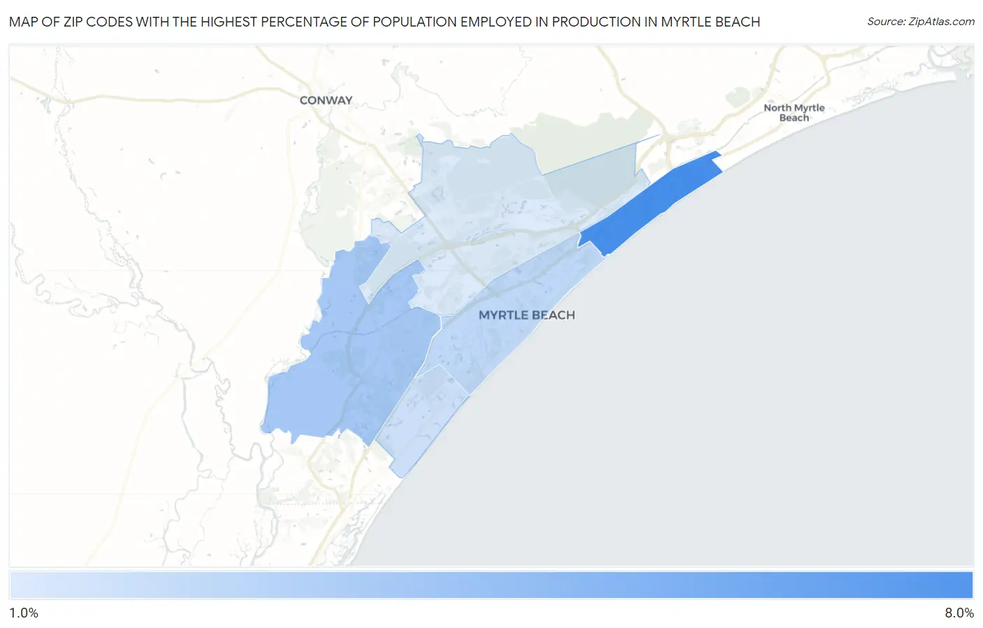 Zip Codes with the Highest Percentage of Population Employed in Production in Myrtle Beach Map