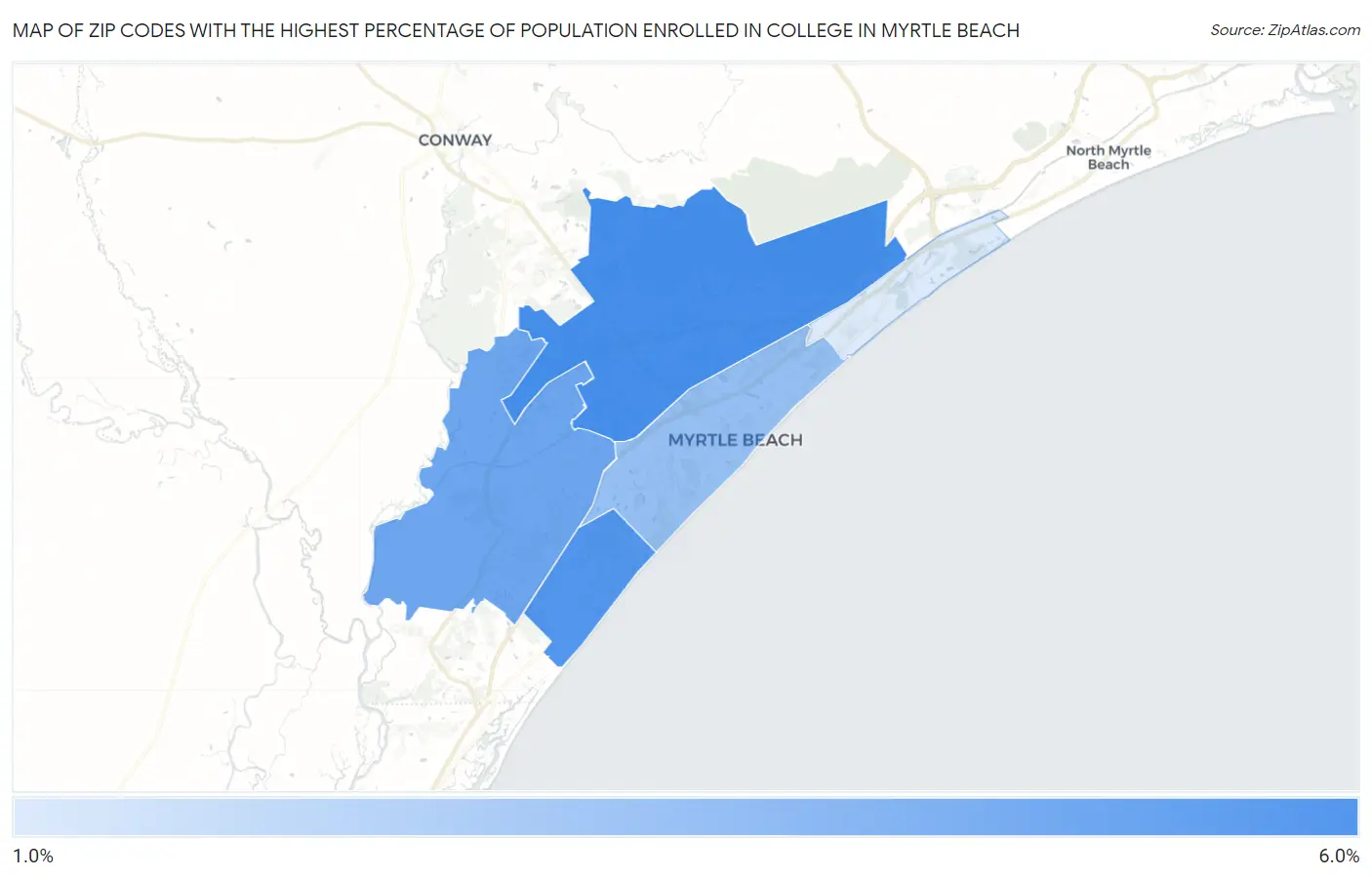 Zip Codes with the Highest Percentage of Population Enrolled in College in Myrtle Beach Map