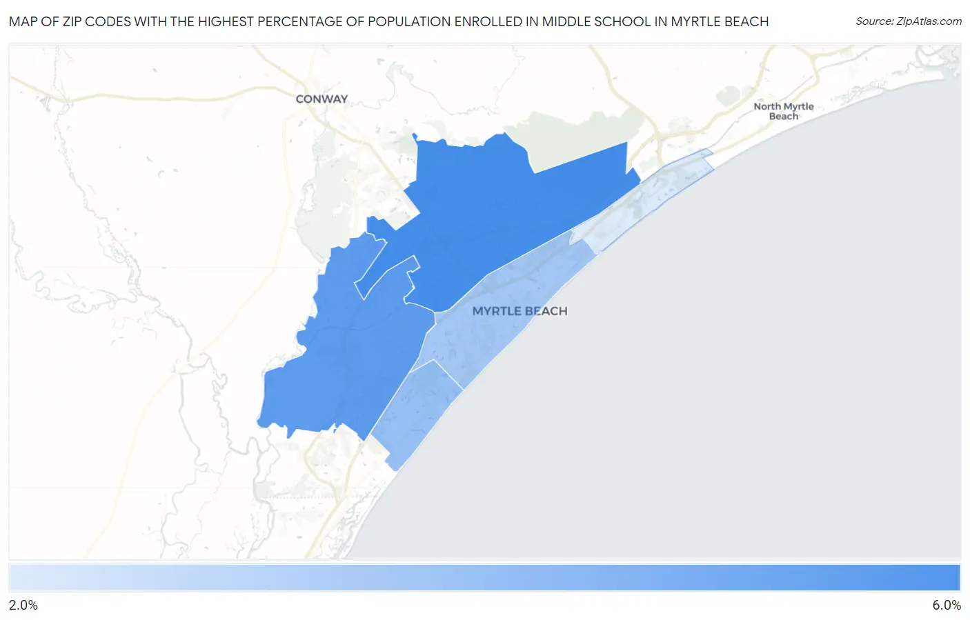 Zip Codes with the Highest Percentage of Population Enrolled in Middle School in Myrtle Beach Map