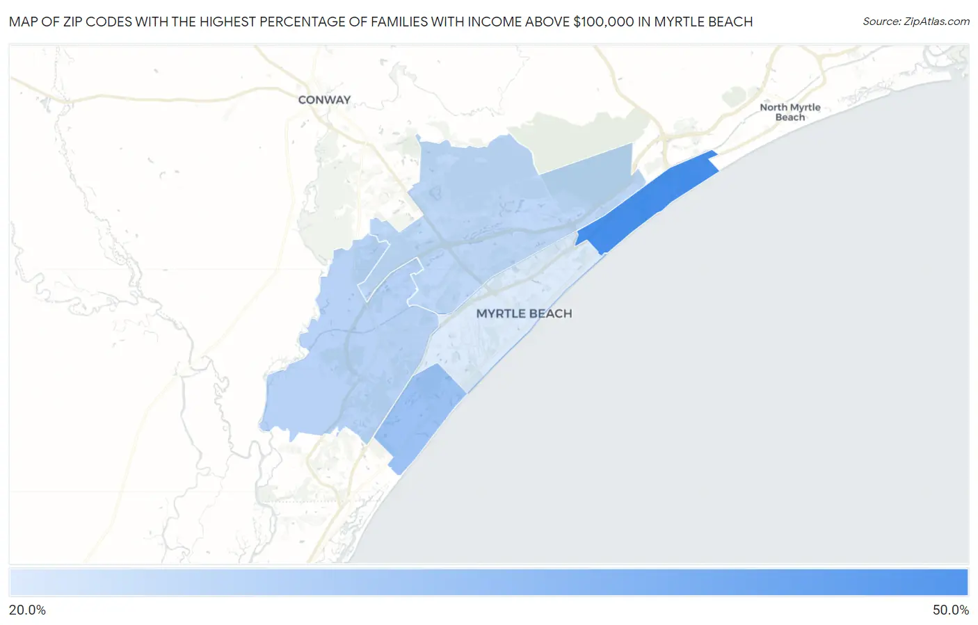 Zip Codes with the Highest Percentage of Families with Income Above $100,000 in Myrtle Beach Map