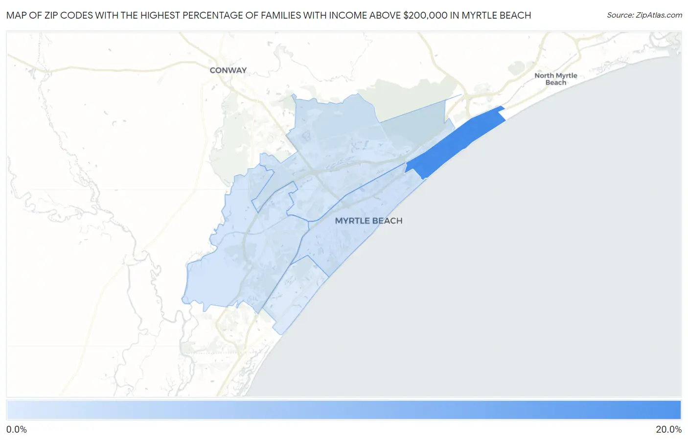 Zip Codes with the Highest Percentage of Families with Income Above $200,000 in Myrtle Beach Map