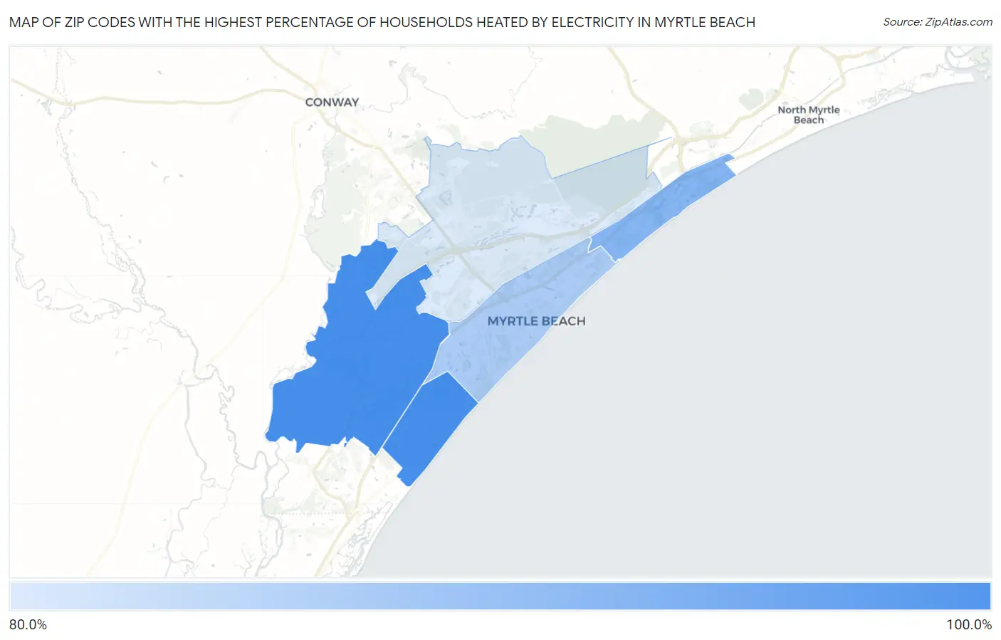 Zip Codes with the Highest Percentage of Households Heated by Electricity in Myrtle Beach Map