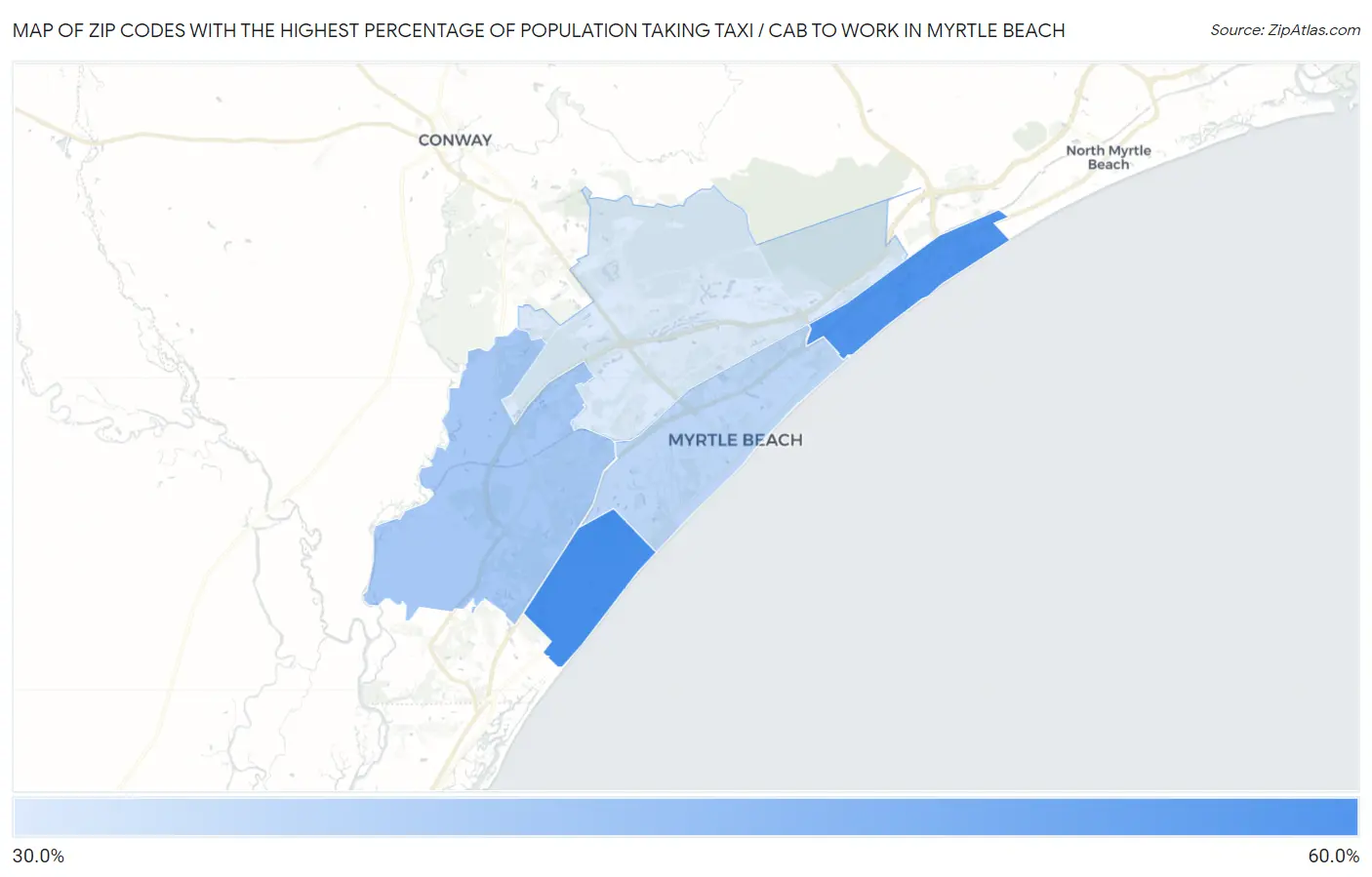 Zip Codes with the Highest Percentage of Population Taking Taxi / Cab to Work in Myrtle Beach Map