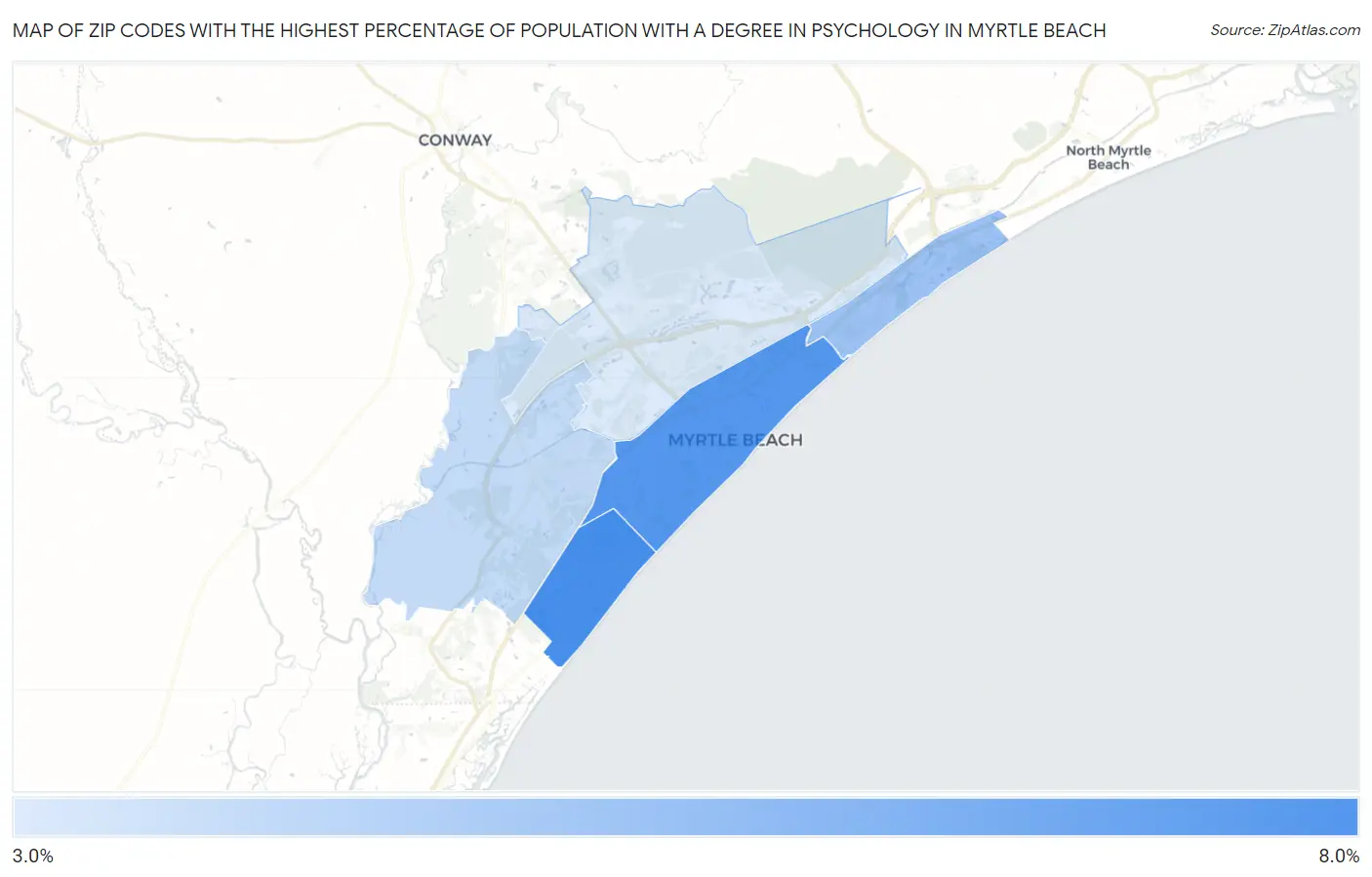 Zip Codes with the Highest Percentage of Population with a Degree in Psychology in Myrtle Beach Map