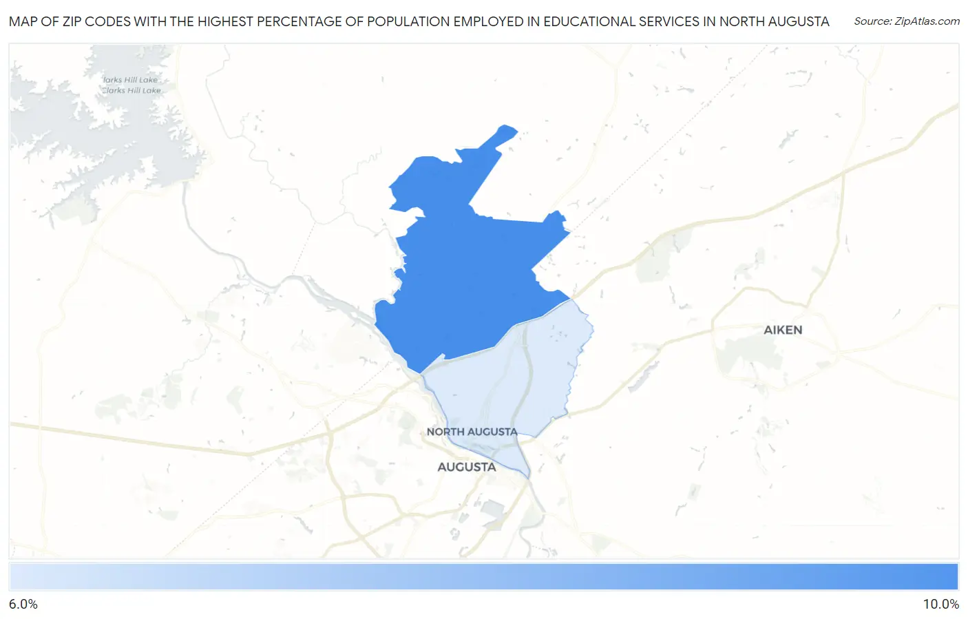 Zip Codes with the Highest Percentage of Population Employed in Educational Services in North Augusta Map