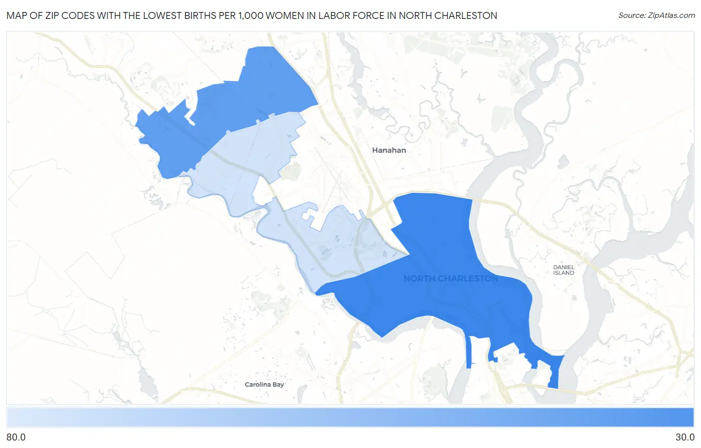Zip Codes with the Lowest Births per 1,000 Women in Labor Force in North Charleston Map