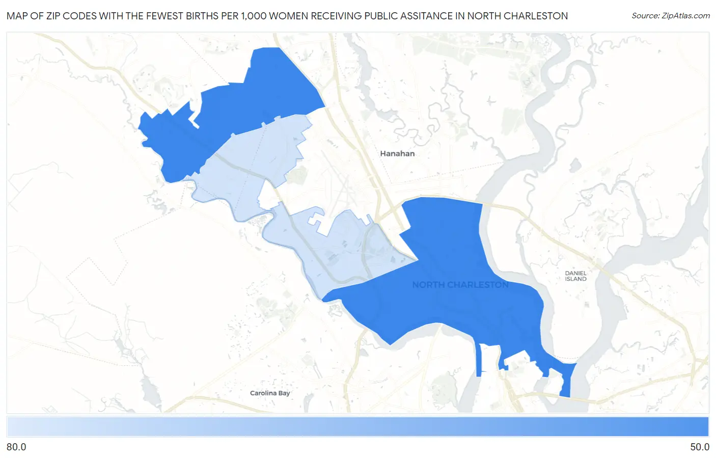 Zip Codes with the Fewest Births per 1,000 Women Receiving Public Assitance in North Charleston Map