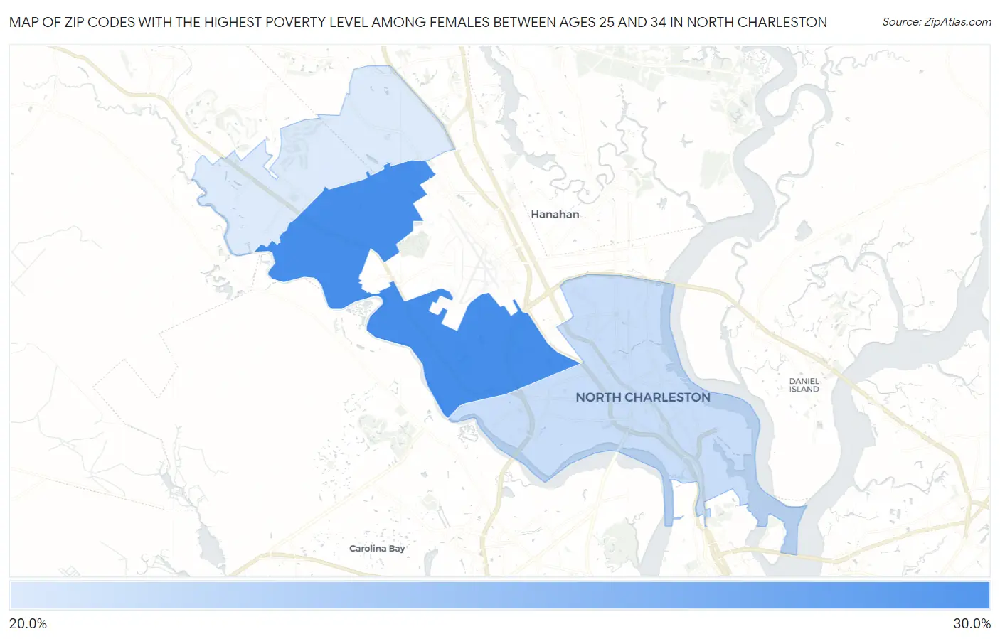Zip Codes with the Highest Poverty Level Among Females Between Ages 25 and 34 in North Charleston Map