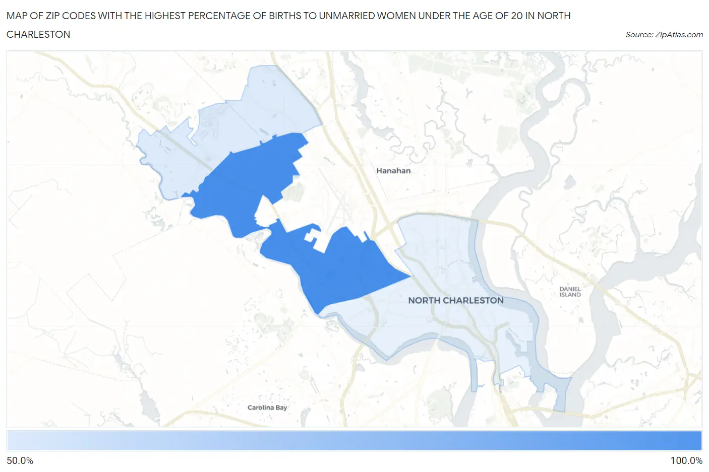 Zip Codes with the Highest Percentage of Births to Unmarried Women under the Age of 20 in North Charleston Map