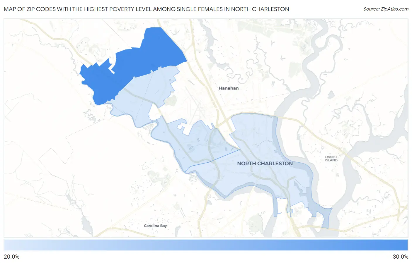 Zip Codes with the Highest Poverty Level Among Single Females in North Charleston Map