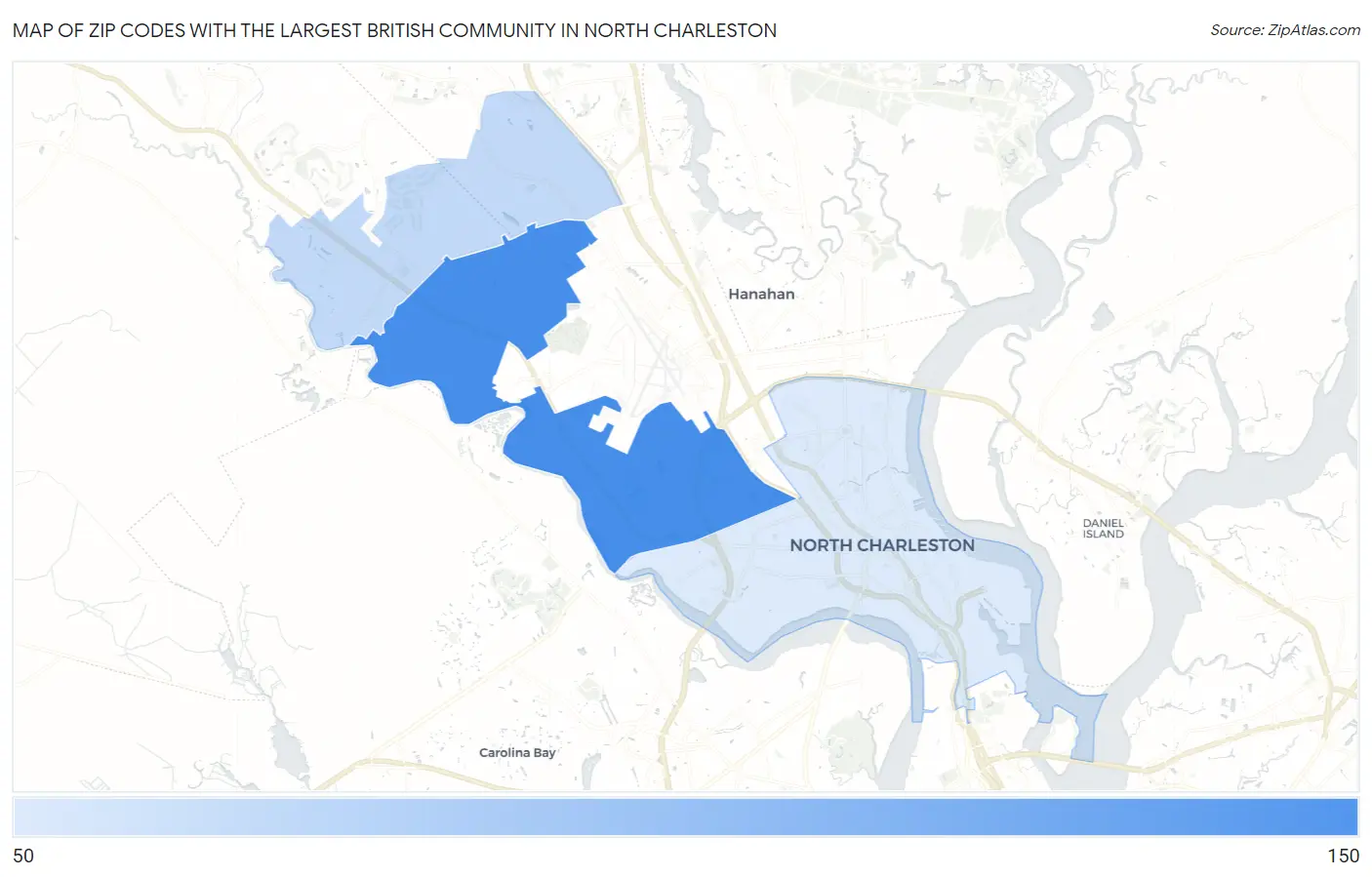 Zip Codes with the Largest British Community in North Charleston Map