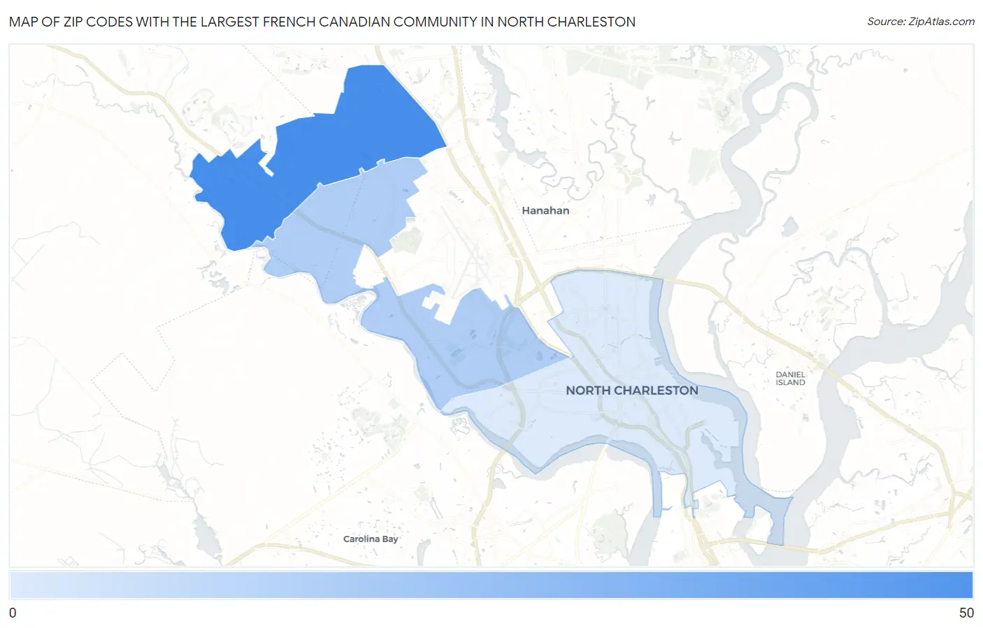 Zip Codes with the Largest French Canadian Community in North Charleston Map