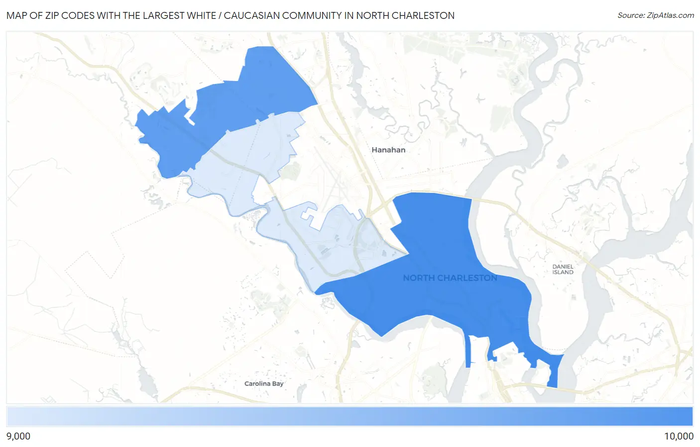 Zip Codes with the Largest White / Caucasian Community in North Charleston Map