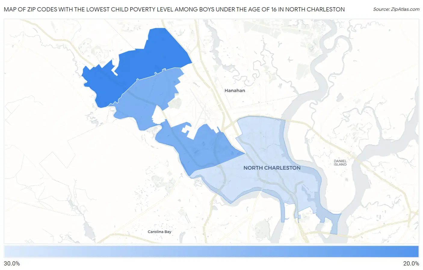 Zip Codes with the Lowest Child Poverty Level Among Boys Under the Age of 16 in North Charleston Map