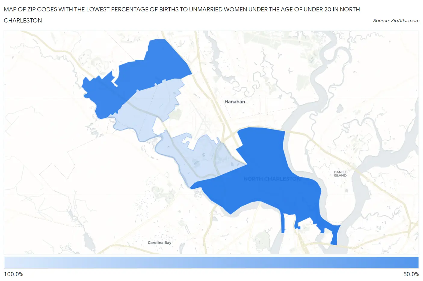 Zip Codes with the Lowest Percentage of Births to Unmarried Women under the Age of under 20 in North Charleston Map