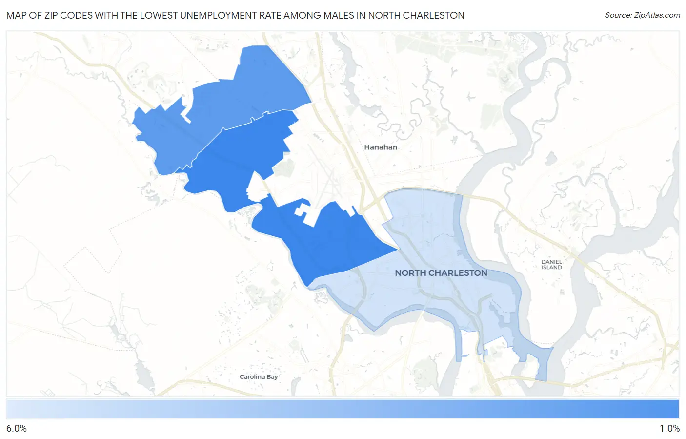 Zip Codes with the Lowest Unemployment Rate Among Males in North Charleston Map