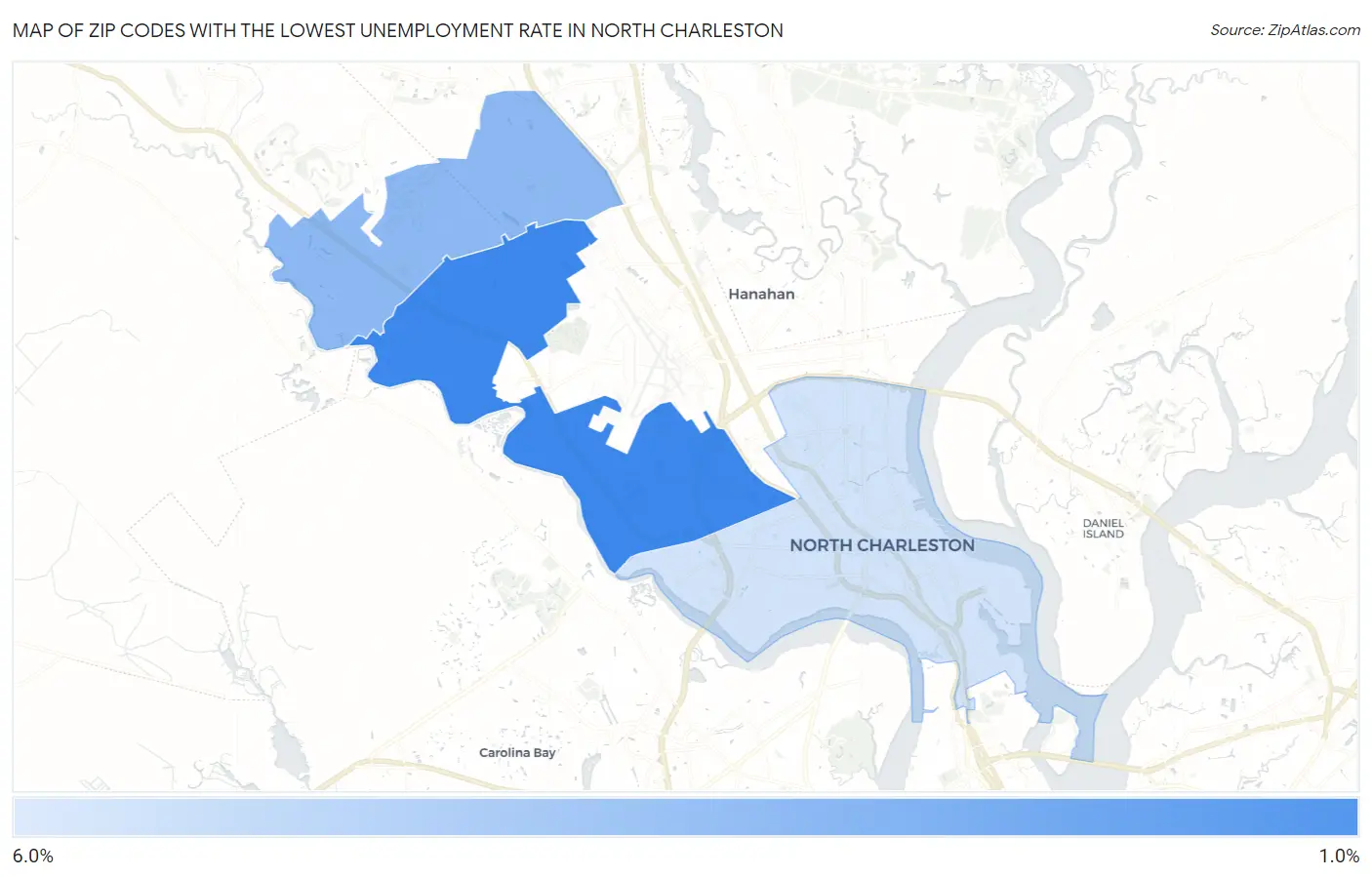 Zip Codes with the Lowest Unemployment Rate in North Charleston Map