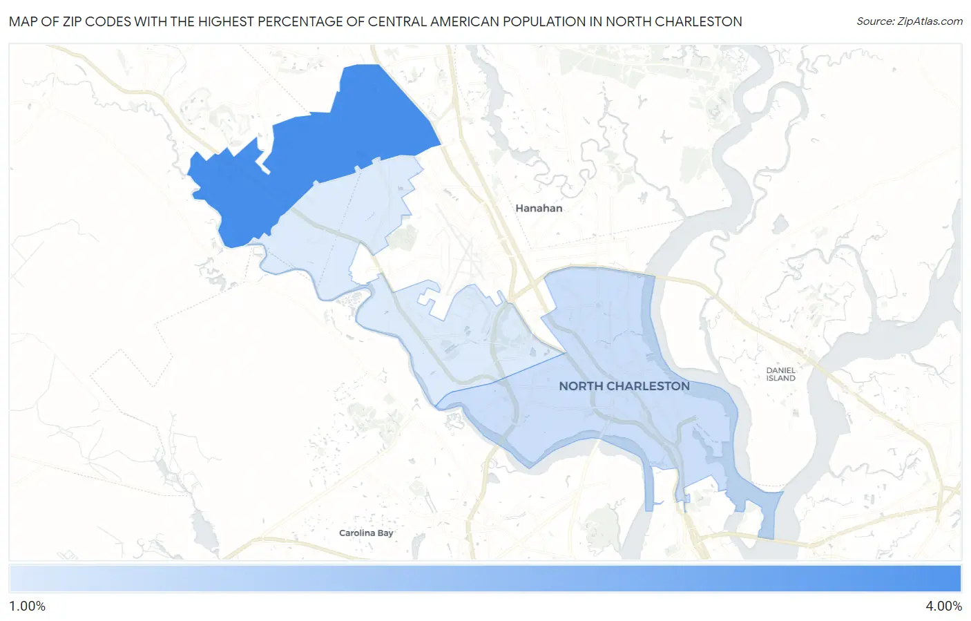 Zip Codes with the Highest Percentage of Central American Population in North Charleston Map